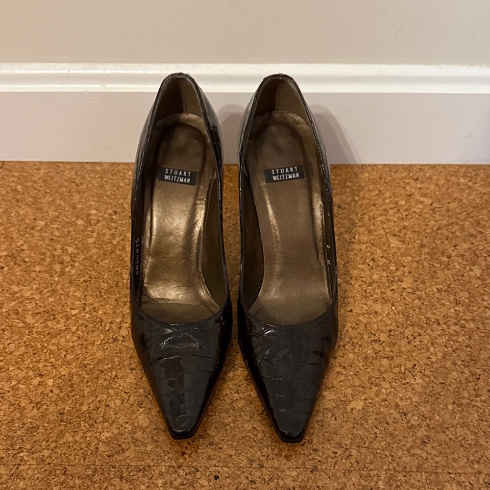 Stuart Weitzman Glossy Black Croc Heels